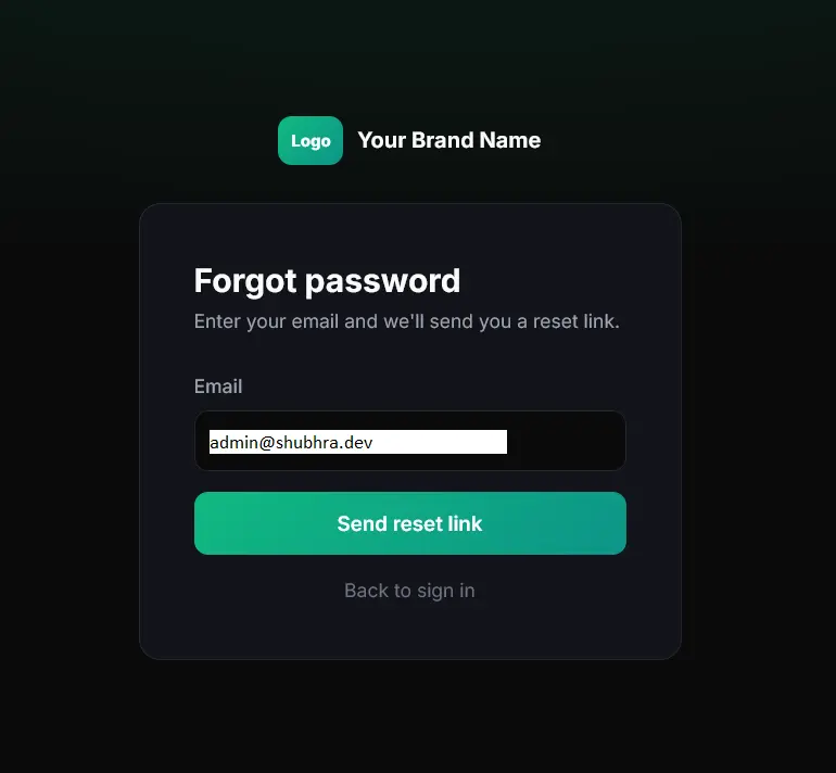 忘記密碼頁面，深色背景上只有單一 email 欄位與送出重設連結按鈕
