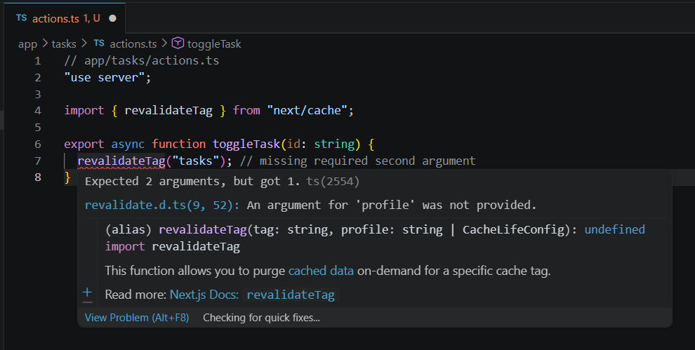 顯示 Next.js 16 中 revalidateTag 需要兩個參數的 TypeScript 錯誤